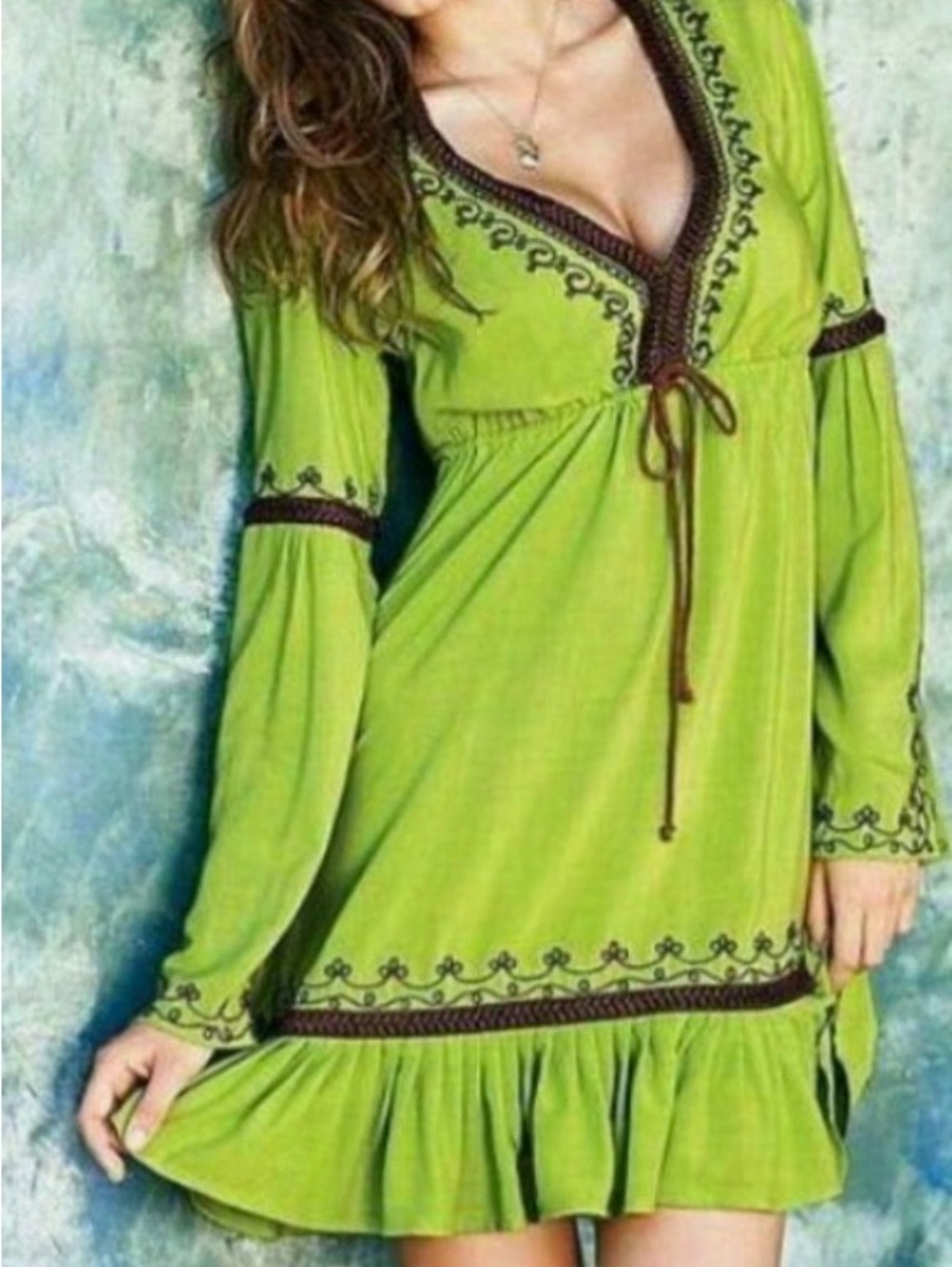 Moda International Lime Green Tunic with Brown Embroidery